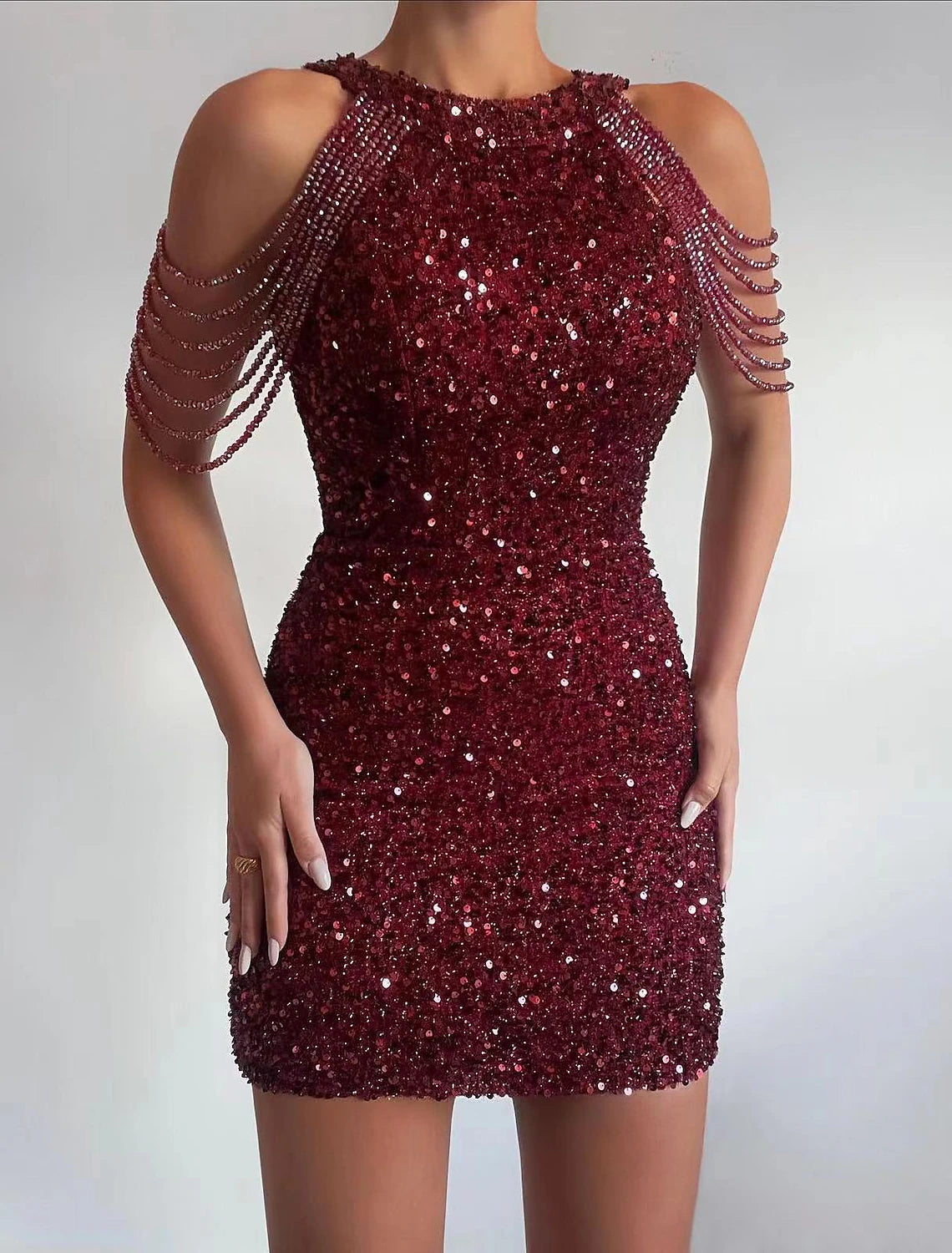 Abito con frange da donna, rosa, nero, con paillettes, abito da festa, abito scintillante, abito da ballo, mini abito aderente, nero, senza maniche, con nappe, perline, primaverile, girocollo, elegante e sexy